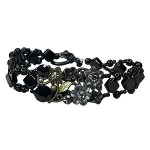Black Beaded Floral Bracelet Art Deco Vintage Style